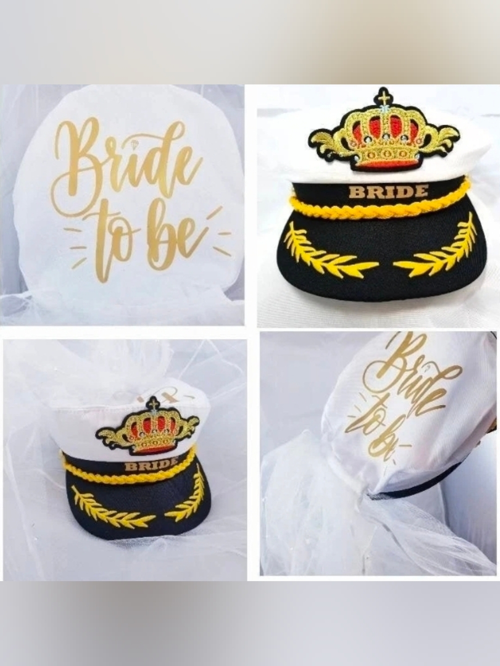 BRIDE TO BE CAPTAIN HAT WITH VEIL (with pearls) GOLD VINYL LETTERS, ADJUSTABLE
